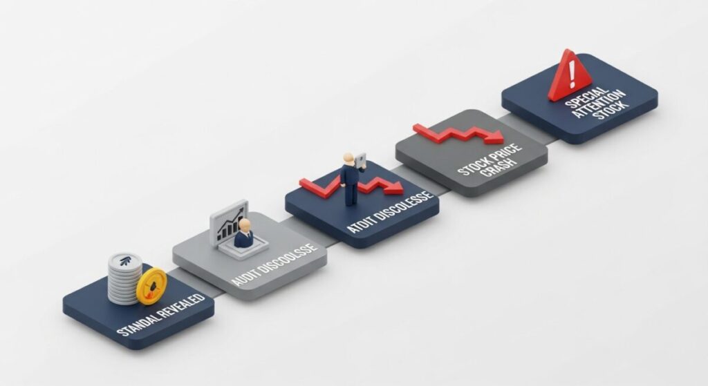 「ニデック不正会計問題の全時系列」をテーマにした挿絵。「不正発覚」「意見不表明」「株価急落」「特別注意銘柄指定」といった主要な出来事が時系列で並べられたインフォグラフィック。