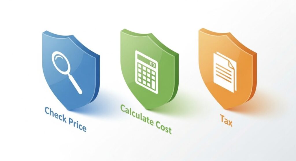 「【結論】今日の金価格、損せず賢く売買する3つの鉄則」をテーマにした挿絵。3つの重要な行動指針（公式サイトで価格確認、手数料の計算、税金の意識）をアイコンで示したインフォグラフィック。