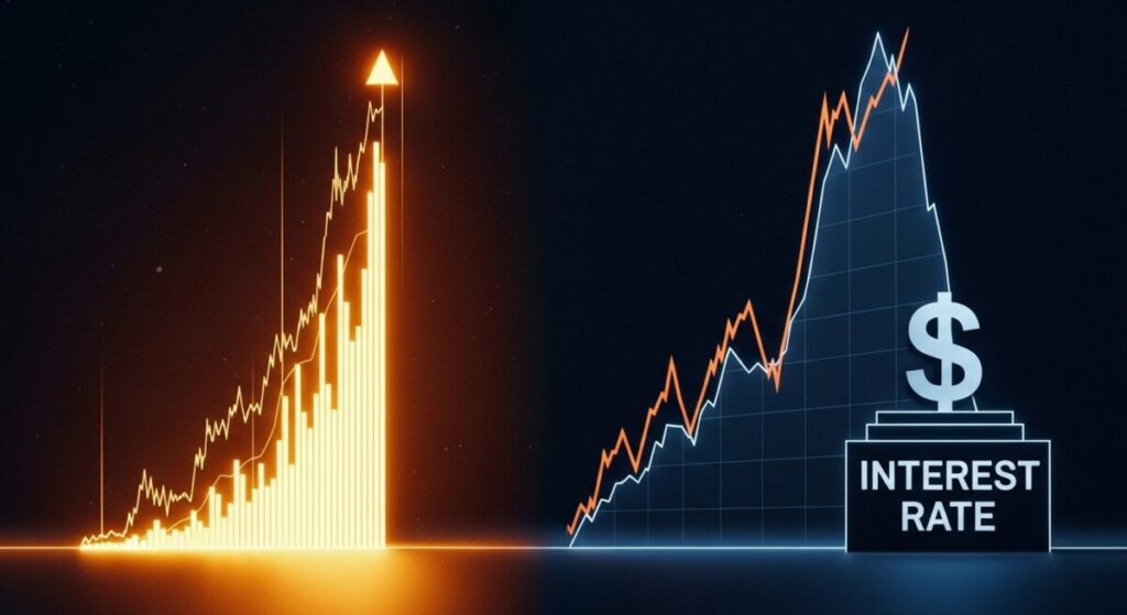 「1980年金バブルとの比較｜狂乱のインフレと政策転換の教訓」をテーマにした挿絵。1980年代の熱狂的な雰囲気とバブル崩壊を象徴する、急上昇し急落する金のグラフ。