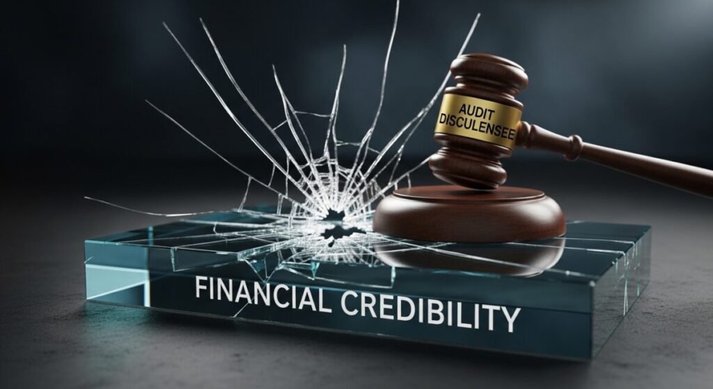 「監査法人の『意見不表明』が持つ深刻度」をテーマにした挿絵。企業の信頼性を象徴するガラスの土台に「意見不表明」というハンマーが振り下ろされ、粉々に砕け散る寸前の衝撃的な抽象イメージ。