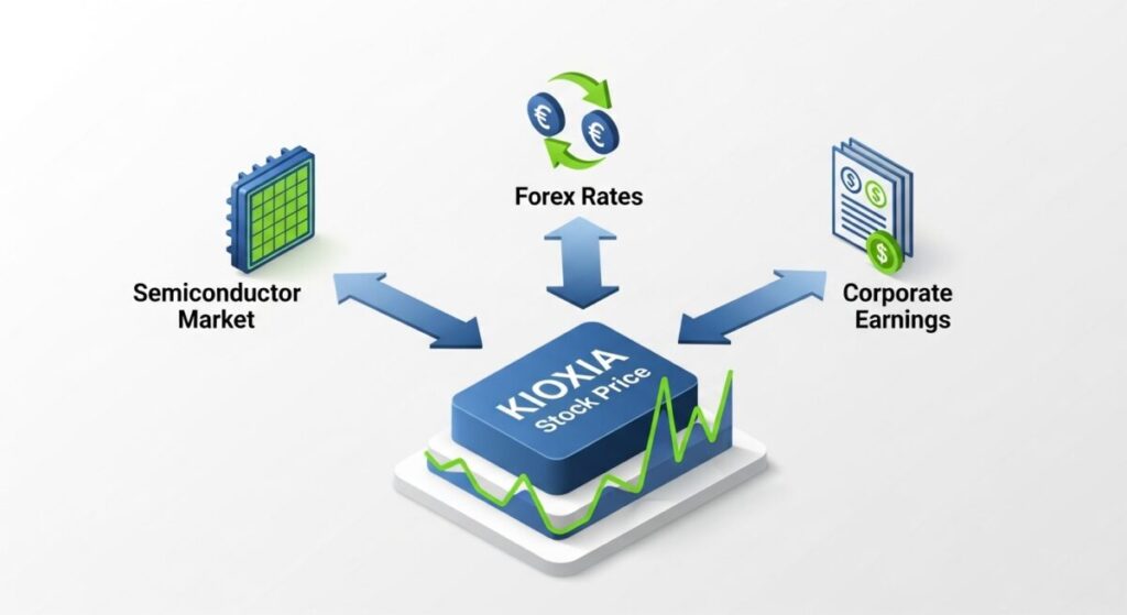 「キオクシアの株価の変動要因」をテーマにした挿絵。「半導体市況」「為替レート」「企業業績」という3つの要素が「株価」に影響を与えている関係性を示したインフォグラフィック。
