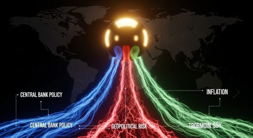 「なぜ今、金の価格は歴史的な高値を付けているのか？」をテーマにした挿絵。インフレ、中央銀行の動向、地政学リスクという複数の力が、中央に輝く金に影響を与えている様子を抽象的に表現。