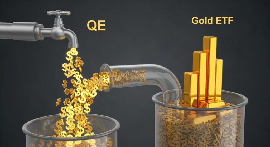 「2011年金バブルとの比較｜金融緩和が生んだ熱狂とその終焉」をテーマにした挿絵。金融緩和の蛇口から出たお金が、ETFを経由して金市場に流れ込む様子を描いたインフォグラフィック。