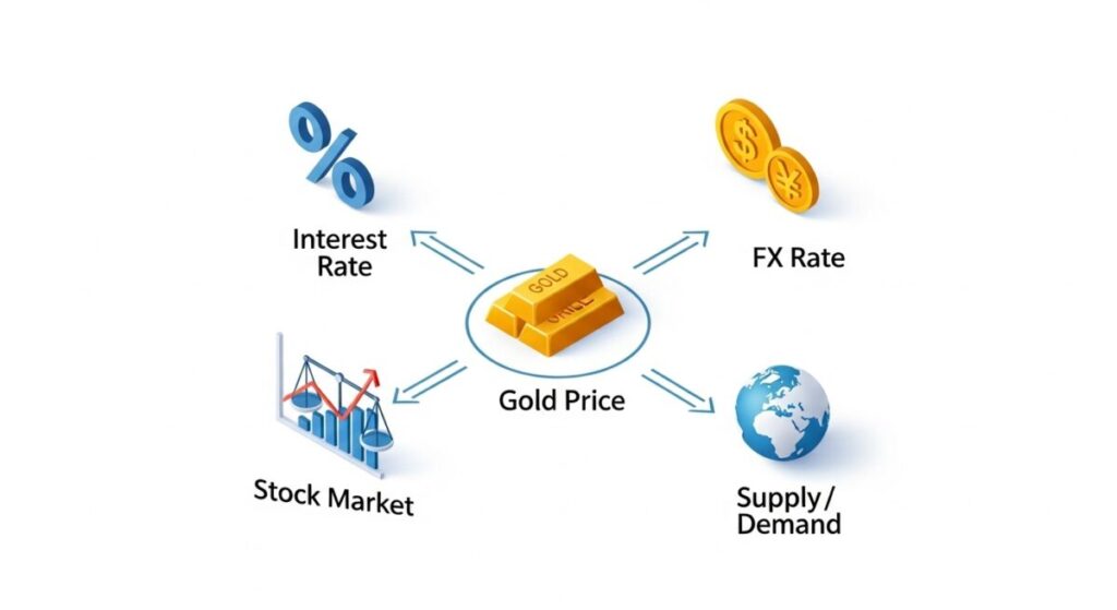 「金相場の価格が決まる仕組みとは？5つの変動要因を解説」をテーマにした挿絵。金利、為替、株価、需給、地政学リスクの5つの要因が、中央の金価格に影響を与える関係性を描いたインフォグラフィック。 [2, 4, 7]