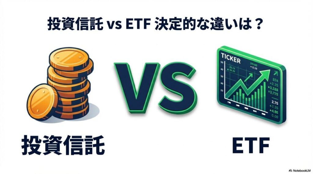「新NISAで買えるゴールド関連商品は？「投資信託」と「ETF」の決定的な違い」をテーマにした挿絵。「投資信託（Fund）」と「ETF」のロゴが描かれた二つの天秤が対比され、コストや積立のしやすさといった異なる特徴がアイコン化されている。