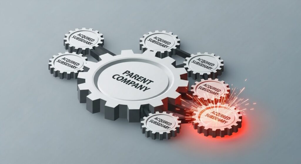 「M&A後の統合プロセス『PMI』とガバナンス不全の問題点」をテーマにした挿絵。複数の歯車が連動する機械の中で、一部の歯車がうまく噛み合わず故障している様子を描き、PMIの失敗を表現した図解。