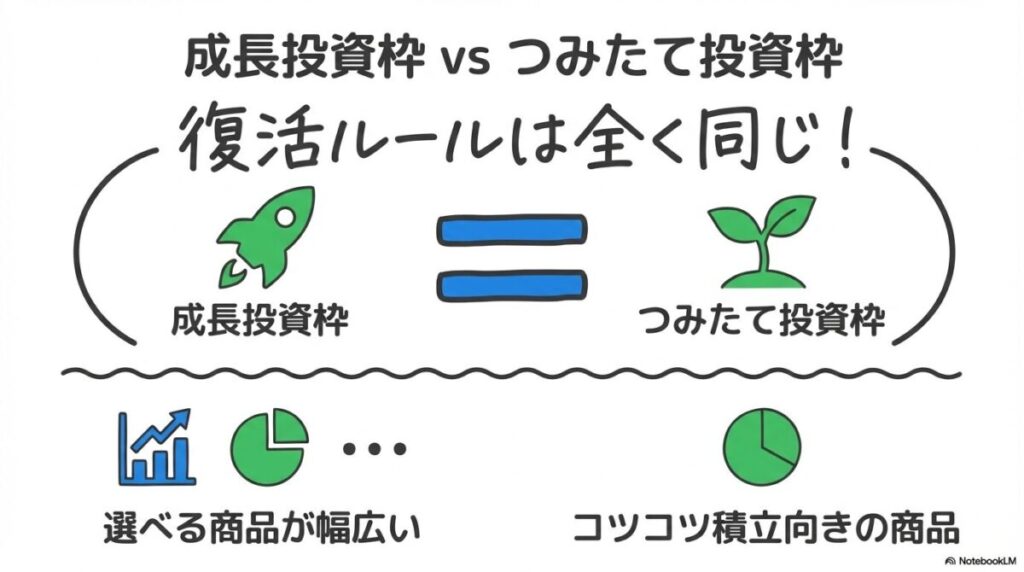 「つみたて投資枠との違いは?売却・枠復活ルールの比較」をテーマにした挿絵。成長投資枠とつみたて投資枠の二つのボックスが、同じ「翌年」「取得価額」のルール(共通の土台)の上に立っている一方、それぞれのボックスから、異なる投資対象(個別株や投信 vs 厳選投信)が描かれ、両者の特徴の違いを示している。
