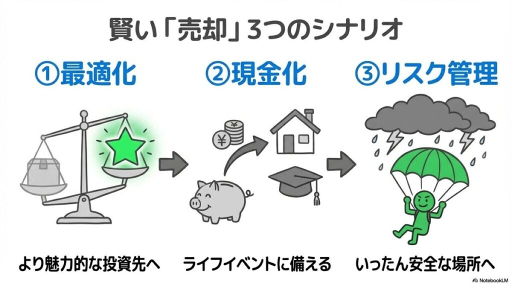 「成長投資枠を売却するメリットと賢い活用シナリオ3選」をテーマにした挿絵。投資家が持つポートフォリオという地図から、より魅力的な「新しい道(乗り換え)」、緊急の資金調達を示す「住宅(ライフイベント)」、相場変動を避ける「安全なシェルター(リスク管理)」の3つの選択肢へとつながる道が描かれている。