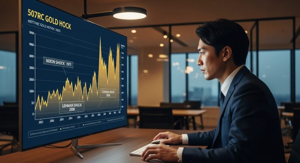 「【チャートで見る】過去50年の金価格の推移から学ぶべきこと」をテーマにした挿絵。日本人投資家が、過去の歴史的な出来事が記された金の長期チャートを真剣な表情で分析している。 [9]