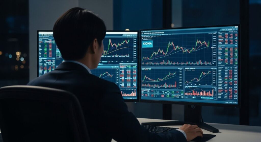 「主要アナリストによる目標株価とレーティング」をテーマにした挿絵。一人のアナリストが深夜のオフィスで、キオクシアのデータが映る巨大なスクリーンに集中している、プロフェッショナルな後ろ姿。