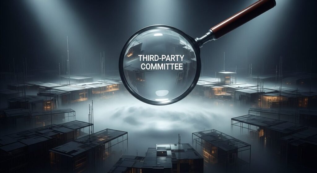 「第三者委員会の調査状況」をテーマにした挿絵。巨大な虫眼鏡が企業の内部を調査しているが、中は深い霧に覆われており、調査の長期化と不透明感を象徴している抽象的なイメージ。