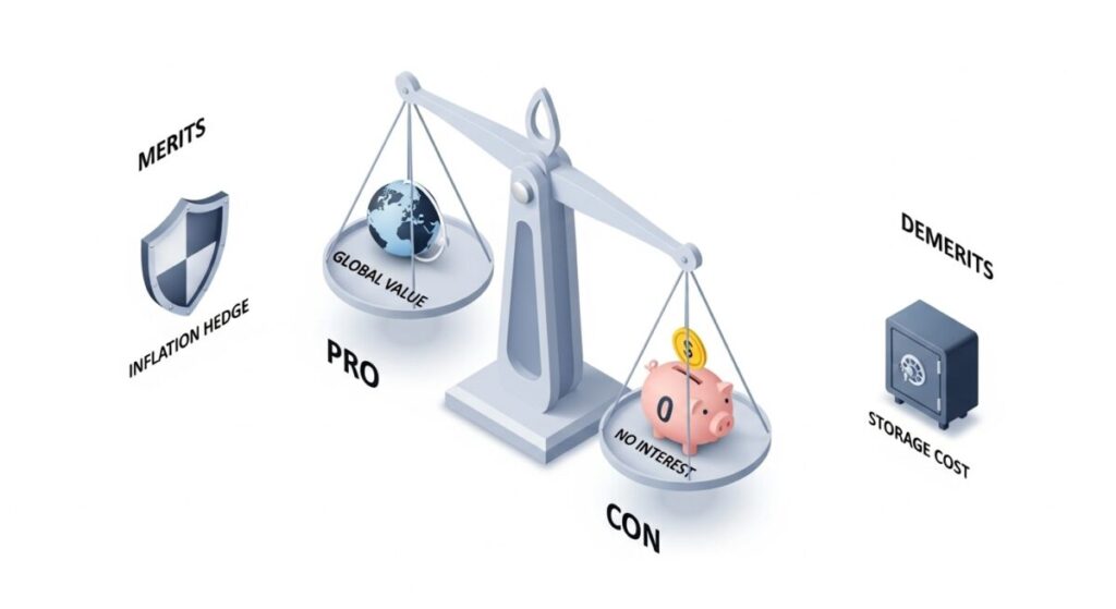 「金投資のメリット・デメリット｜始める前に知るべきリスク」をテーマにした挿絵。天秤の一方に「インフレヘッジ」などのメリット、もう一方に「金利ゼロ」などのデメリットが乗せられ、バランスを比較しているインフォグラフィック。