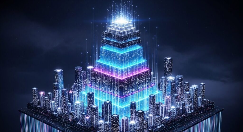 「キオクシアの将来性」をテーマにした挿絵。NANDメモリの積層構造が、未来都市の輝く超高層ビルのようにそびえ立っている。AIとデータセンター需要による成長を象徴するイメージ。