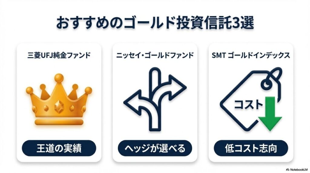 「【徹底比較】新NISAでおすすめのゴールド（金）ETF2選」をテーマにした挿絵。証券取引所のリアルタイム取引画面のような背景に、低コストを表す小さな料金表示と共に、2つの異なるゴールドETFのシンボルが並んでいる。