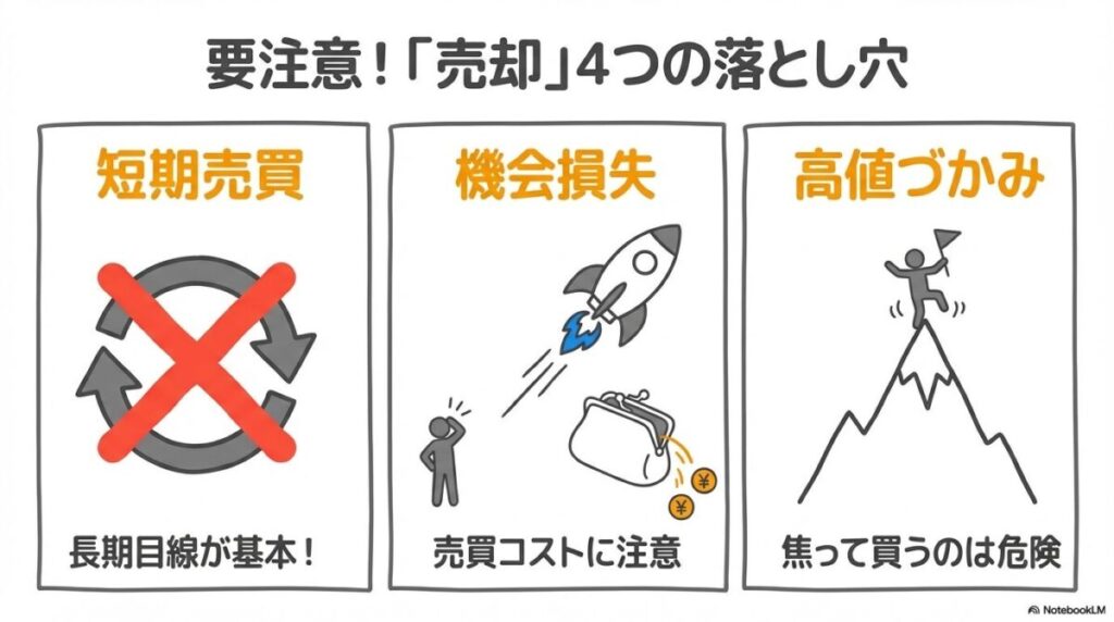 「後悔しないために!成長投資枠を売却する際の4つの注意点」をテーマにした挿絵。短期売買(回転売買)を示す赤い禁止マーク、手数料負けを示すマイナスの計算式、空白期間を示す時計の針の停止(機会損失)、そして高値圏にある危険な山頂(高値掴み)の4つの警告アイコンが、投資判断の妨げとして描かれている。
