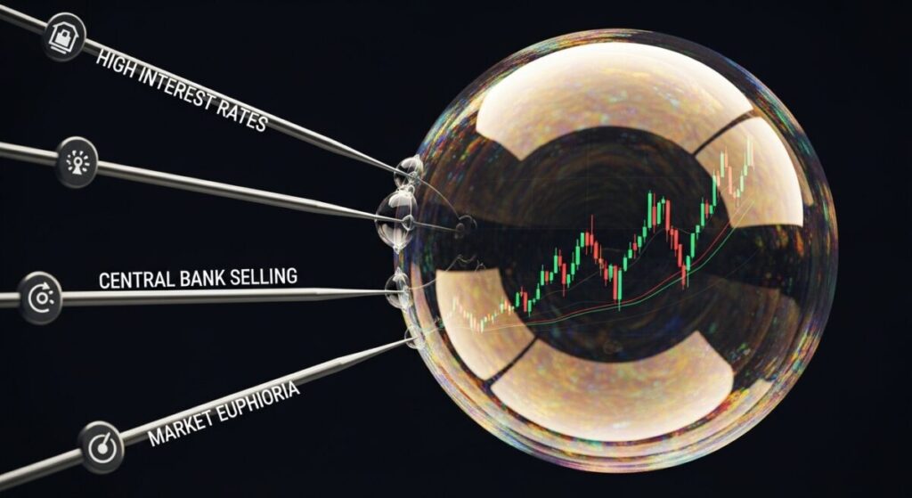 「では、どう動く？2025年以降の金投資で賢く立ち回る3つの戦略」をテーマにした挿絵。自宅の書斎で、ポートフォリオの円グラフを見ながら冷静に投資戦略を練る日本人。