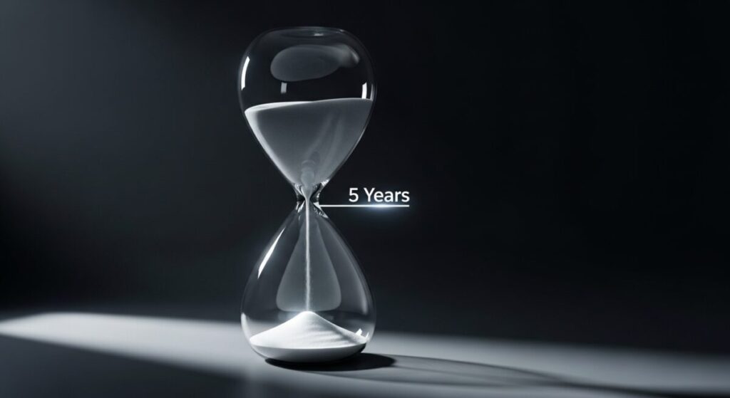 「知らないと大損！金を売った時にかかる税金のすべて」をテーマにした挿絵。ガラスの砂時計のくびれ部分に「5 years」と書かれ、下に落ちた砂が税制上有利になることを示すように輝いている、税金と時間の関係性を表す抽象的なイメージ。