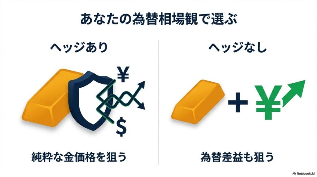 「ゴールド投資の重要分岐点！為替ヘッジは「あり」か「なし」か？」をテーマにした挿絵。分かれ道の標識が描かれており、一方には「ヘッジあり（円高に強い）」、もう一方には「ヘッジなし（円安に強い）」と書かれている。