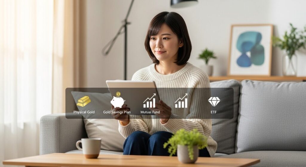 「【初心者向け】金投資を始めるには？代表的な4つの方法」をテーマにした挿絵。日本人女性が自宅でタブレットを見ながら、金投資の始め方について学んでいる。画面には4つの投資方法のアイコンが表示されている。