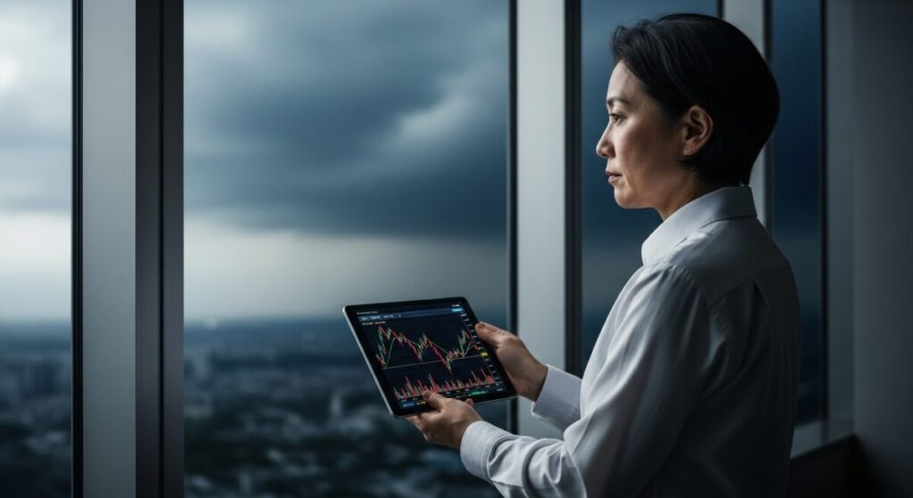 「投資家が今すべきこと」をテーマにした挿絵。日本人の投資家が、荒れた天候の窓際でタブレットを手に、ニデックの株価情報を見ながら真剣な表情で投資判断を考えているライフスタイル写真。