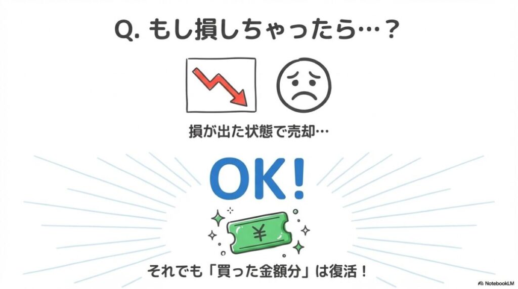 「新NISA成長投資枠の売却に関するよくある質問(FAQ)」をテーマにした挿絵。金庫のようなデザインの新NISAボックスがあり、その周りに「売却益」「損失」「年内再投資」「生涯枠」といった疑問符のアイコンが飛び交っているが、それらの疑問が解決され、クリアになった状態を図示している。