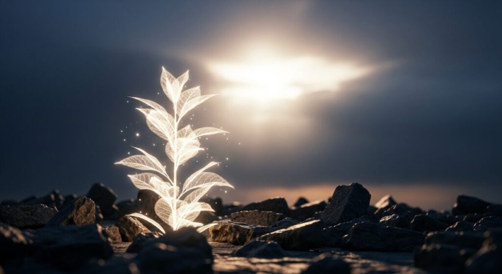 「ニデック不正会計問題から学ぶ教訓」をテーマにした挿絵。嵐が去った後の瓦礫の中から、"企業統治"という名の力強い新芽が光に向かって伸びている、再生と希望を象徴する抽象的なイメージ。