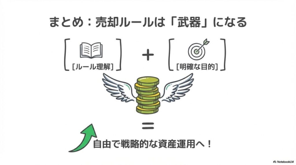 「まとめ:成長投資枠の売却ルールを理解し、戦略的な資産運用を」をテーマにした挿絵。定規(ルール理解)とコンパス(戦略)を持った人物が、新NISAの非課税枠を大きな船として扱い、市場の海原を長期的な目標に向かって慎重かつ柔軟に進んでいる様子。