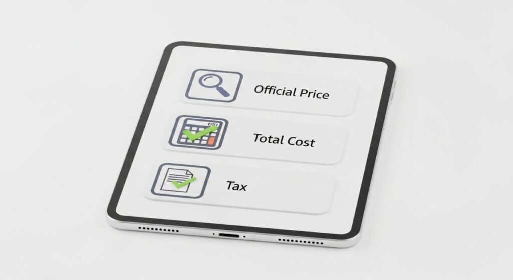 「まとめ：今日の価格を知り、賢く取引するための最終チェック」をテーマにした挿絵。金取引の最終確認事項である「公式サイトの確認」「トータルコスト」「税金」の3項目がアイコン付きで示された、分かりやすいチェックリストのインフォグラフィック。