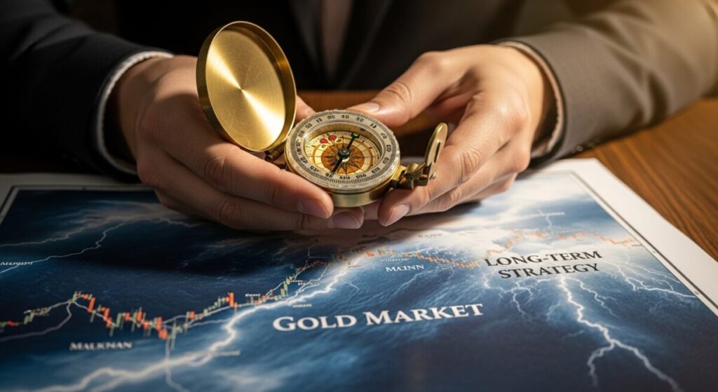 「まとめ：歴史比較から見えた金価格の未来と投資の羅針盤」をテーマにした挿絵。変動の激しい市場の海図を前に、冷静にアンティークな羅針盤を手にしている投資家。