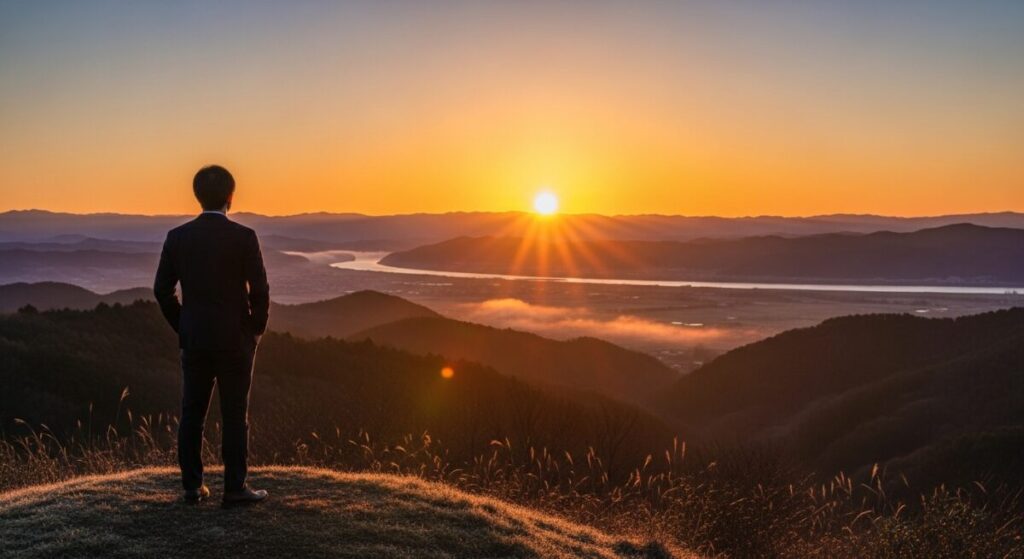 「まとめ：金相場のこれからを見通す上で最も重要なこと」をテーマにした挿絵。自分の資産を守るために、輝く未来の地平線を落ち着いた表情で見つめる日本人の姿。
