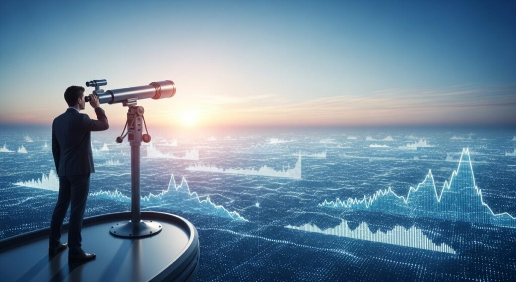 「キオクシア株価の将来性を見極めるために」をテーマにした挿絵。投資家が複雑なデータの海を眼下に、望遠鏡で遠くの水平線から昇る太陽を見つめている、未来予測を象徴するイメージ。