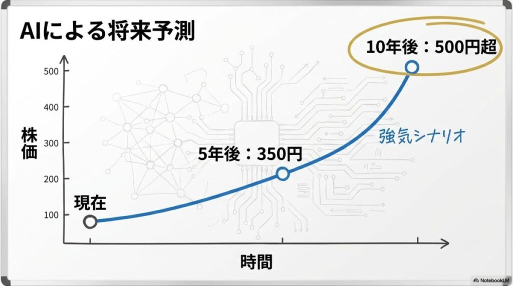 AIによる株価予測の図解。現在から5年後、10年後の目標株価が右肩上がりに上昇する関係性を、3ステップ図で表現した画像。