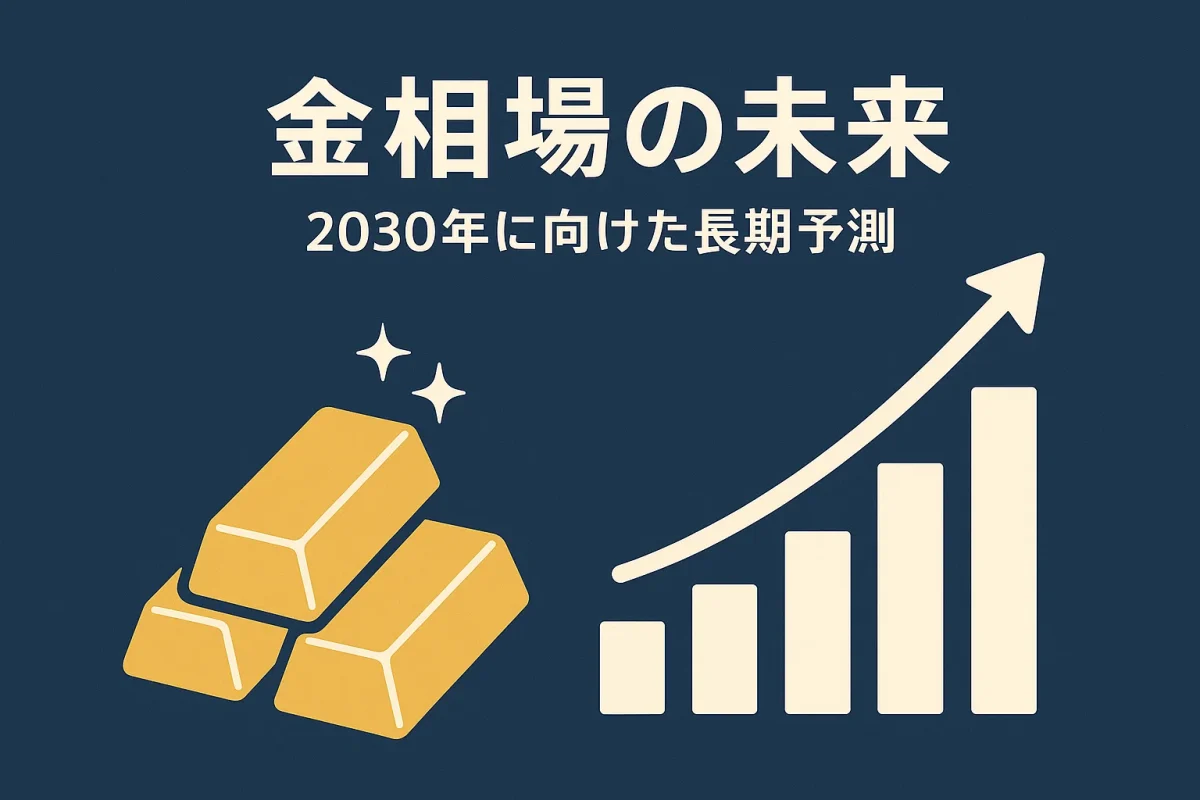 輝く金地金と右肩上がりのグラフのアイコン。この記事のテーマである「金 相場 これから どうなる」か、その長期的な見通しを象徴する一枚。