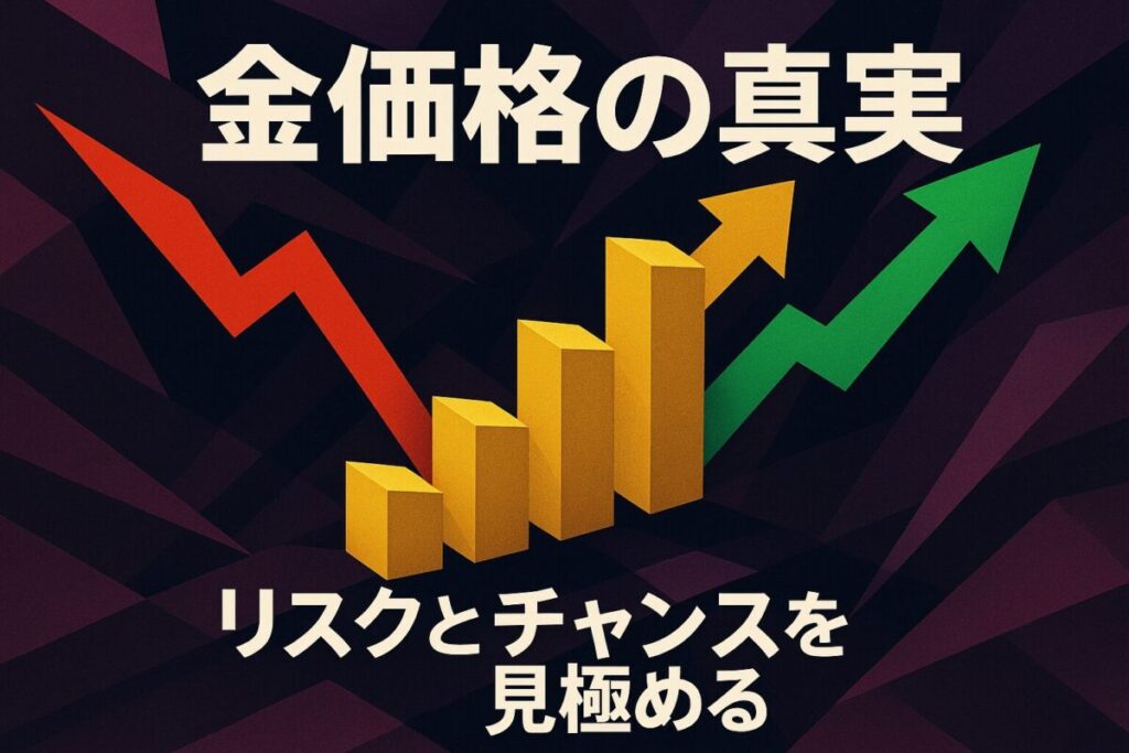 上昇する金価格の棒グラフとリスク・チャンスを示す矢印が描かれた抽象的なグラフィック。この記事のテーマである「金価格 バブル 比較」を象徴する一枚。