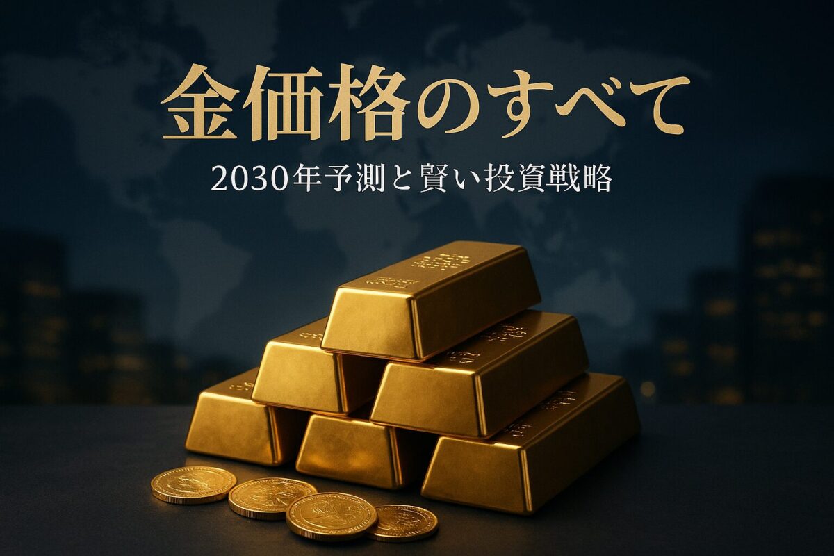 輝く金塊と金貨が手前にあり、背景に世界地図がぼかして描かれたフォトリアルな画像。この記事のテーマである「金価格 推移・今後・2030年 予測・投資 戦略」を象徴する一枚。