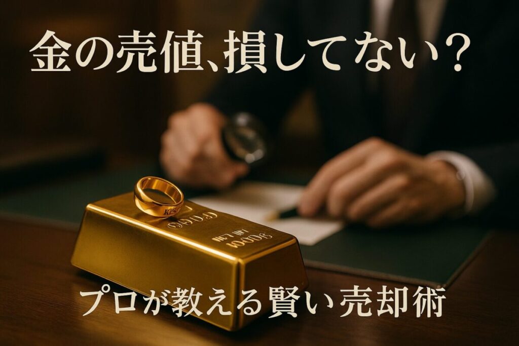 輝く金塊とK18の指輪、査定する専門家の手元。この記事のテーマである「金 相場 売値」で損しないための賢い売却術を象徴する一枚。