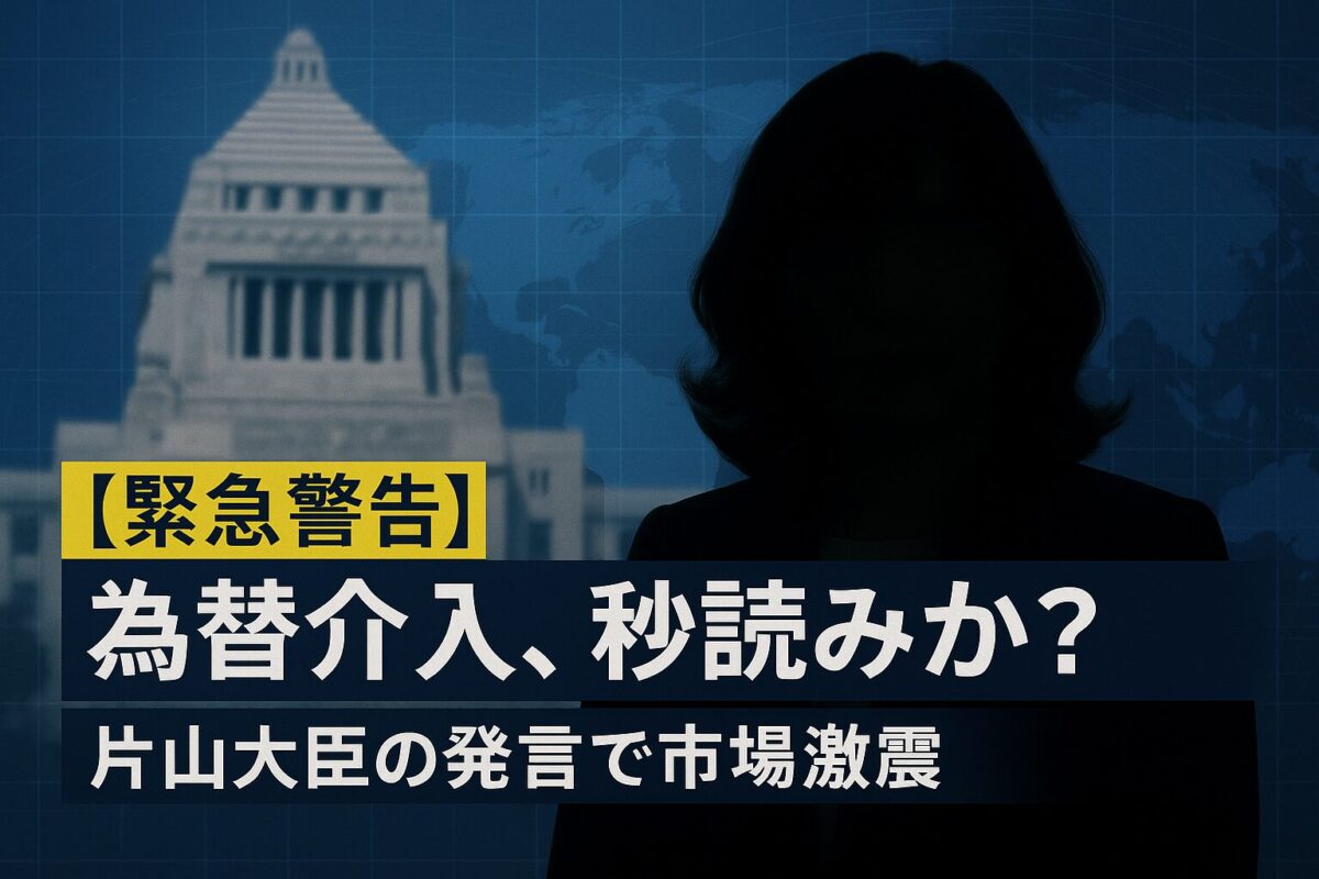 国会議事堂を背景にした片山さつき大臣のシルエットと「為替介入、秒読みか？」というテキスト。この記事のテーマである「為替介入 片山さつき」発言の緊急性と市場への影響を象徴する一枚。