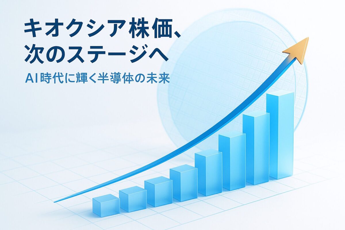 右肩上がりの株価チャートと半導体ウェハーを組み合わせた未来的な3Dグラフィック。この記事のテーマである「キオクシア 株価」の将来性やAI時代の成長性を象徴する一枚。