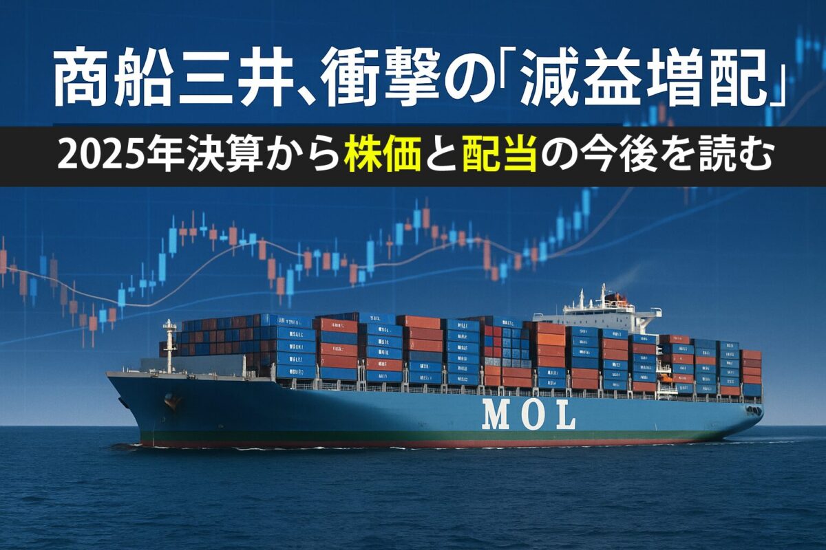 航行する商船三井のコンテナ船と株価チャートのイメージ。この記事のテーマである「商船三井 決算発表 2025 下方修正 増配と株価と配当」を象徴する一枚。