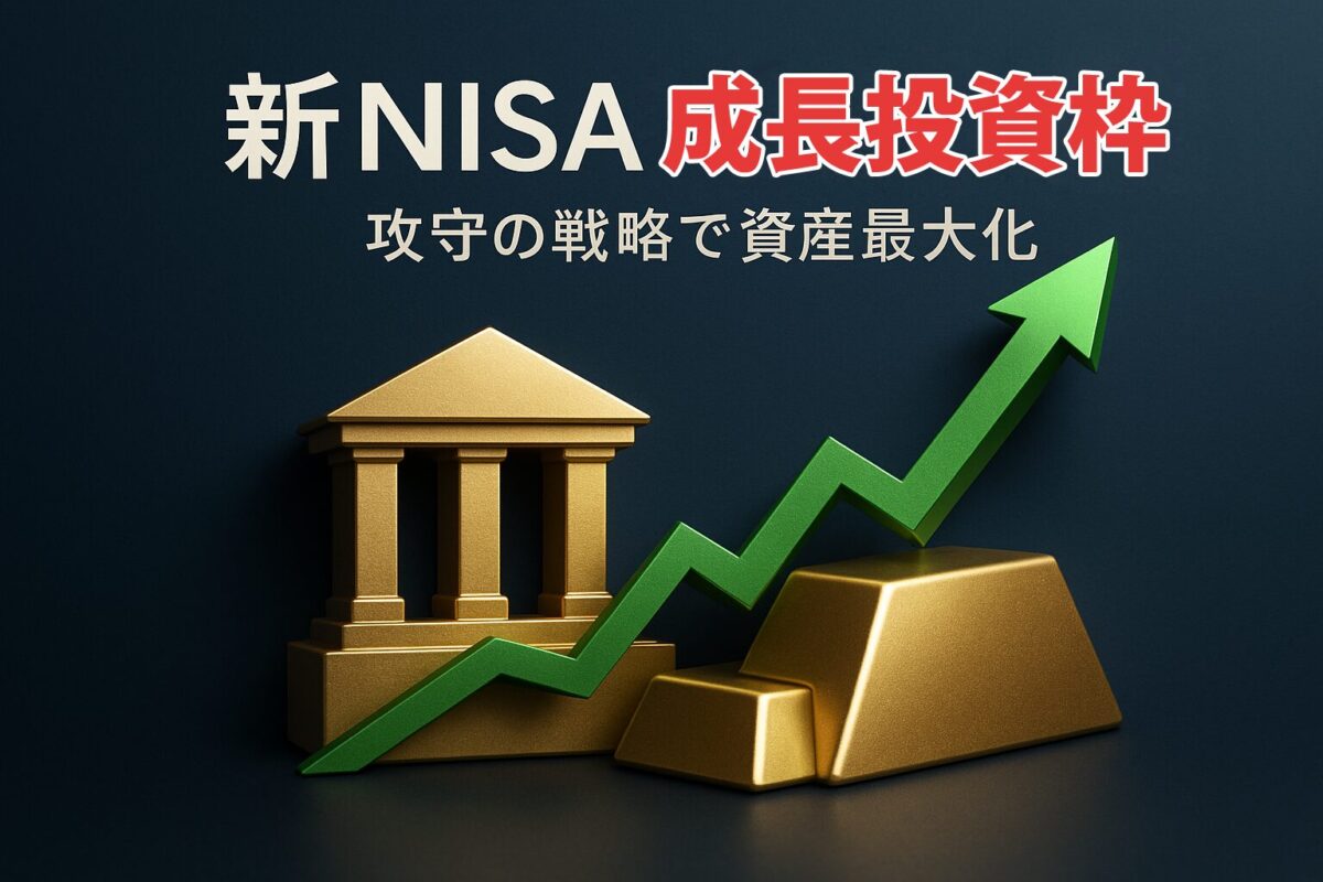 新NISA成長投資枠を象徴する、伸びるグラフと安定資産が融合した未来的なイメージ。この記事のテーマである「新nisa 成長投資枠 おすすめ」を視覚的に表現し、攻守のバランスの取れた戦略を暗示する一枚。