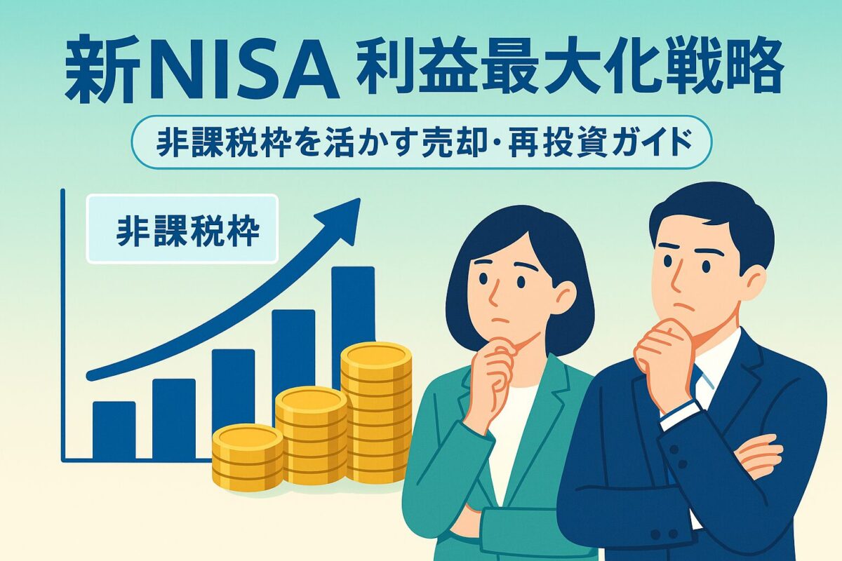 右肩上がりのグラフと積み重なるコイン、新NISAのロゴを背景に考える男女のイラスト。この記事のテーマである「新NISA 利益」を最大化する戦略を象徴する一枚。