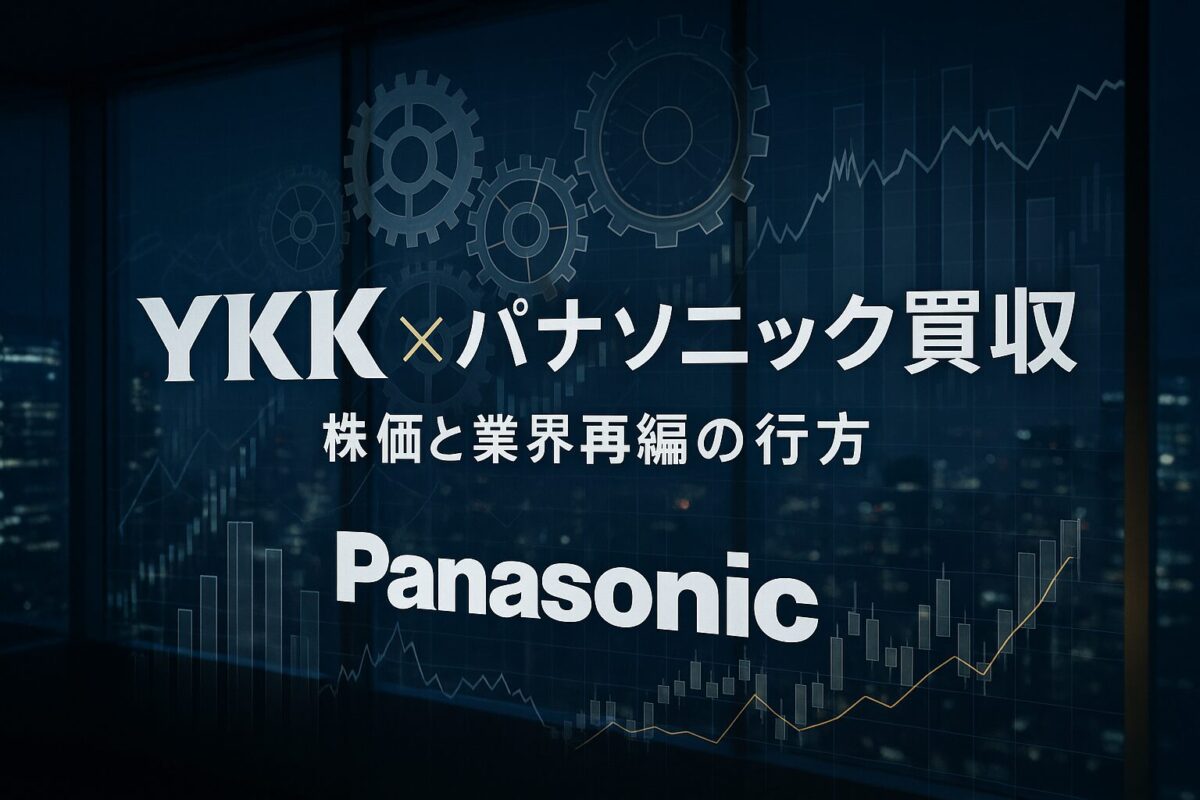 YKKとPanasonicのロゴが並び、複雑に絡み合う歯車やグラフが描かれた抽象的なビジネスシーン。この記事のテーマである「ykk パナソニック」のM&Aによる株価と業界再編への影響を象徴する一枚。