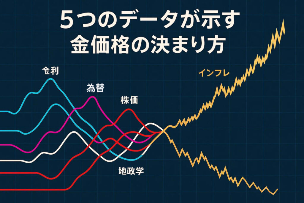 複数のラインチャートが交錯し、金価格チャートに収束するデータビジュアライゼーション。各ラインには金利、為替などのラベルが付いている。この記事のテーマである「金 相場 どうやって 決まる」か、その多角的な要因分析を象徴する一枚。