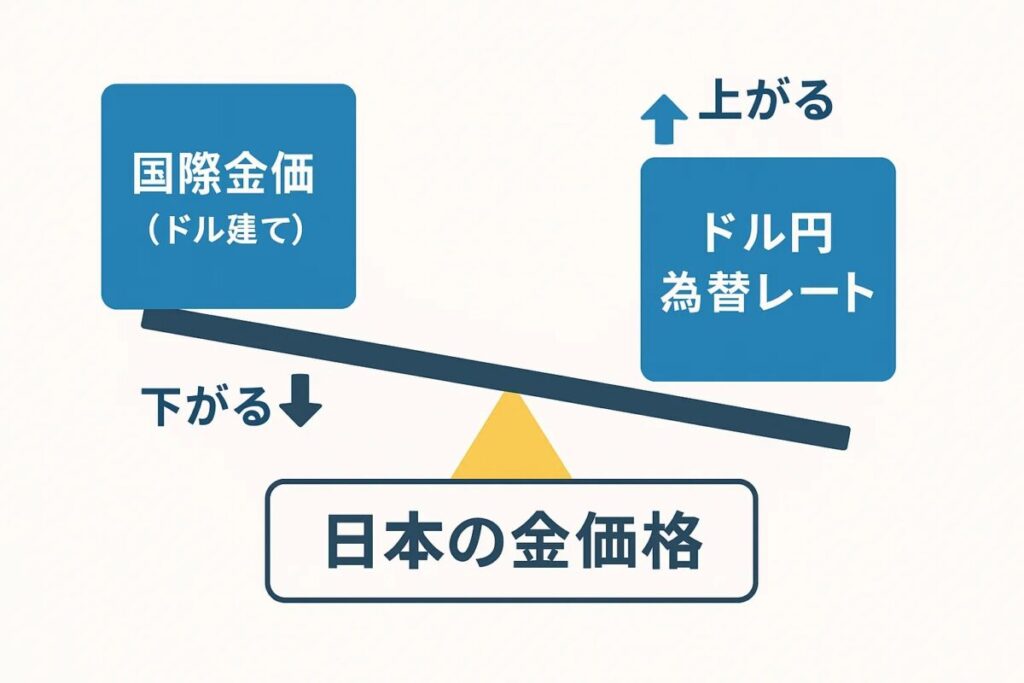 国際金価格とドル円為替レートがシーソーのように日本の金価格に影響を与える関係性を示す図解。この記事のテーマである「金 相場 どうやって 決まる」か、その基本メカニズムを視覚的に説明する。