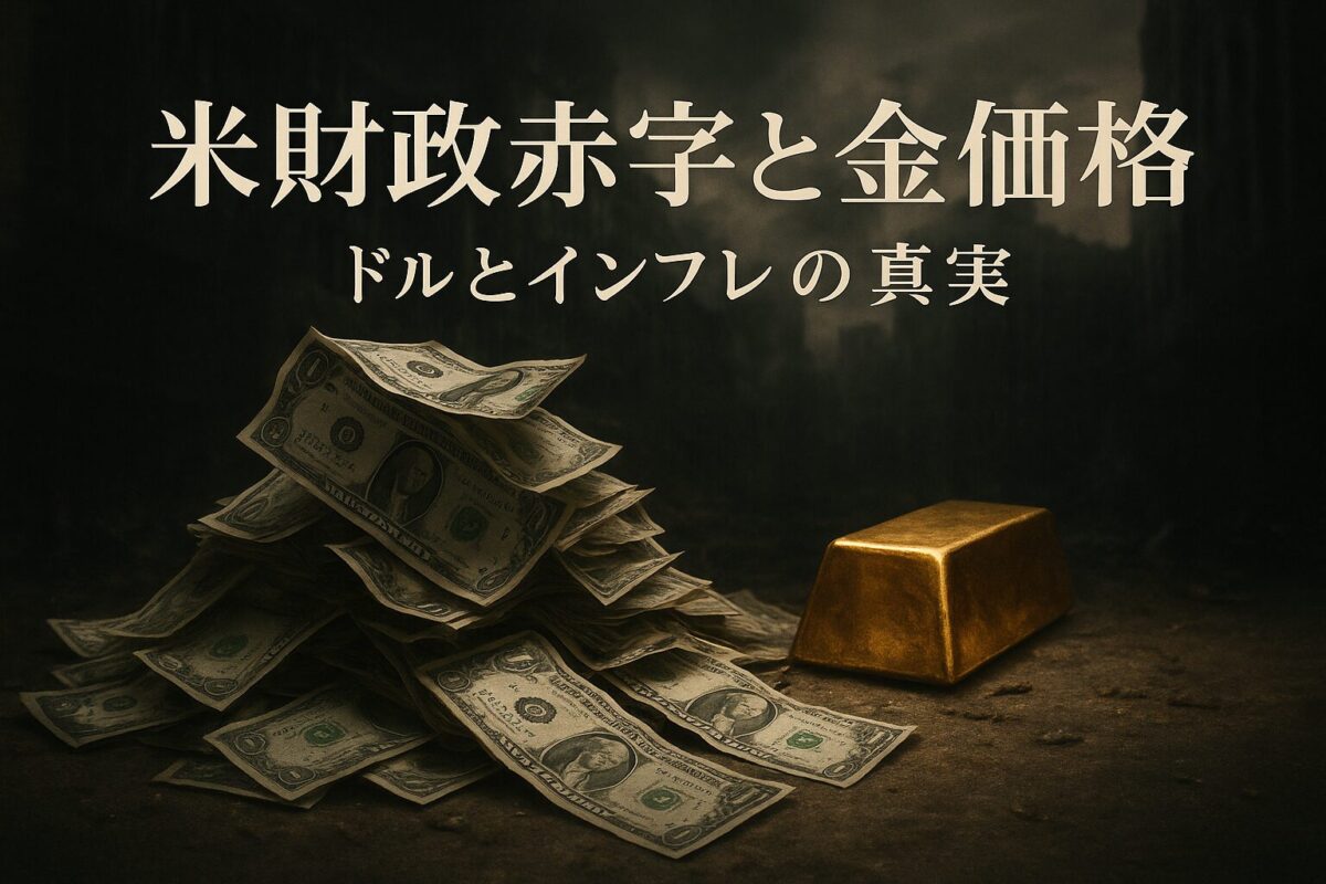 崩れ落ちるドル紙幣の山と、その奥で輝く金塊が描かれている。この記事のテーマである「金価格、米財政赤字、ドル、インフレ」の経済的緊張感を象徴する一枚。