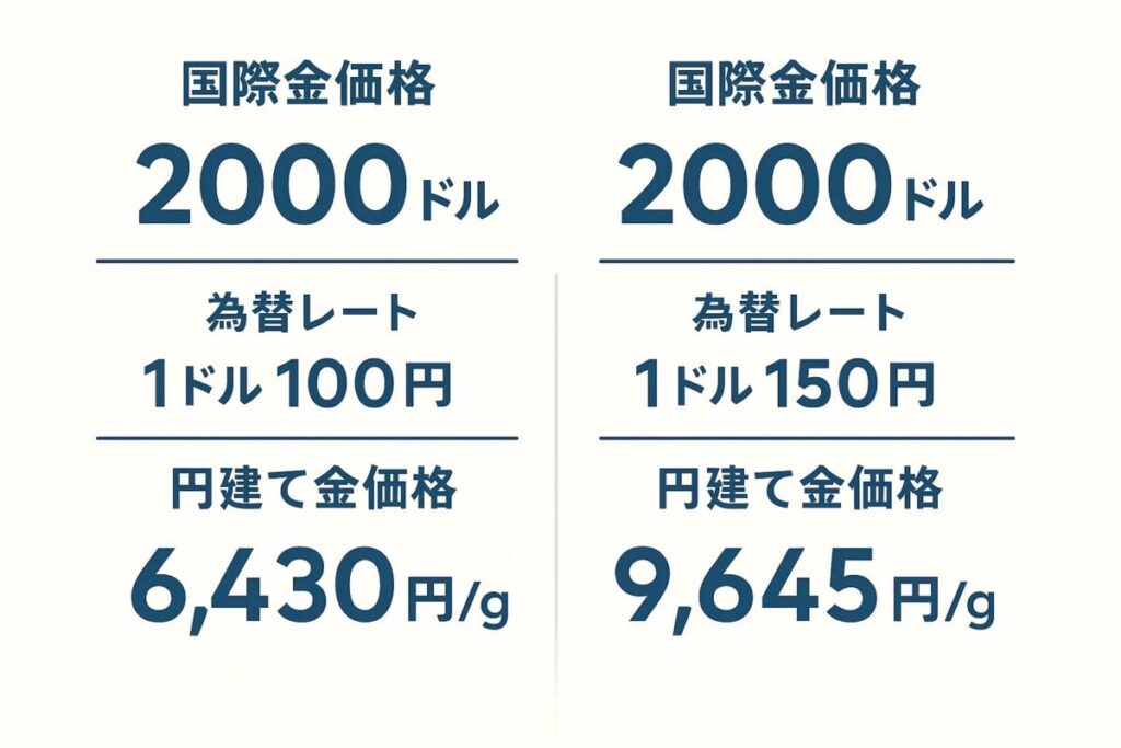 1ドル100円と150円の場合の円建て金価格シミュレーションを示す図解。国際金価格が一定でも、円安によって日本の金価格が上昇する仕組みを具体的な数値で説明する。この記事のテーマである「金 相場 どうやって 決まる」か、その為替の影響を視覚的に説明する。