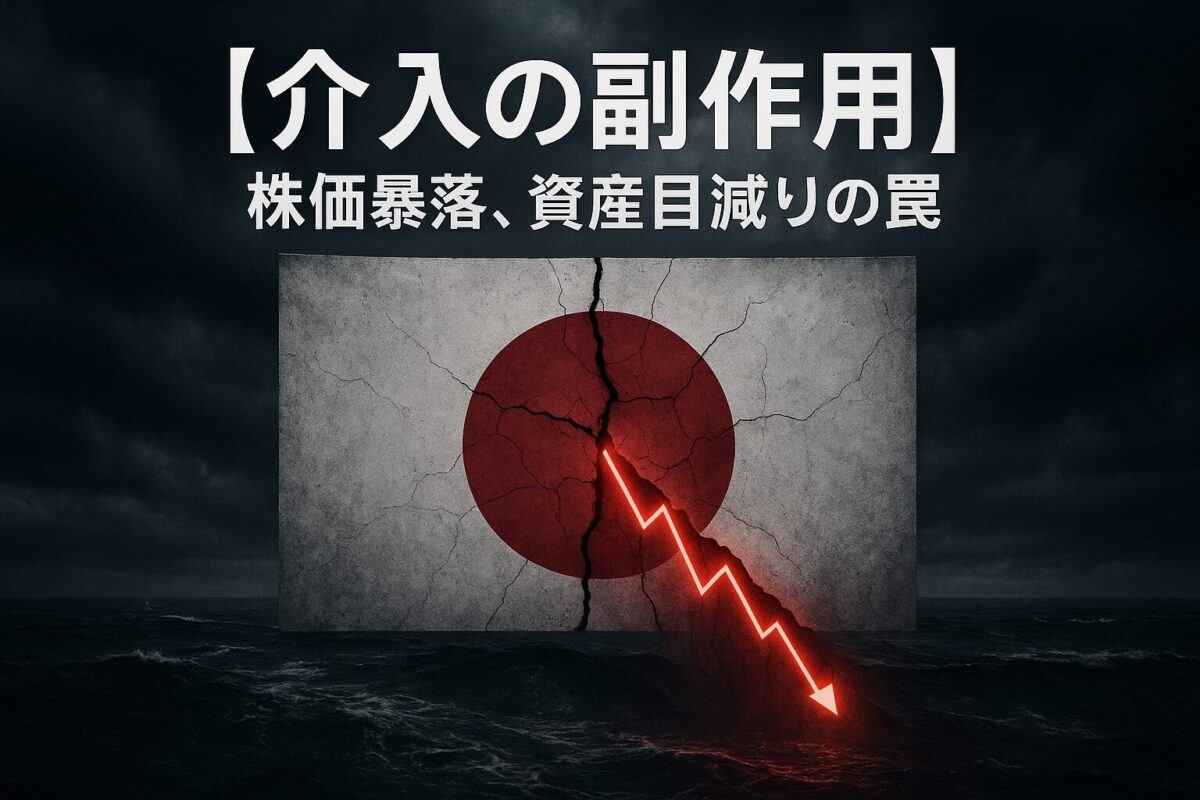 ひび割れた日章旗から下落チャートの光が漏れている画像。この記事のテーマである「為替介入のデメリット」がもたらす、日本経済への危機感を象徴する一枚。