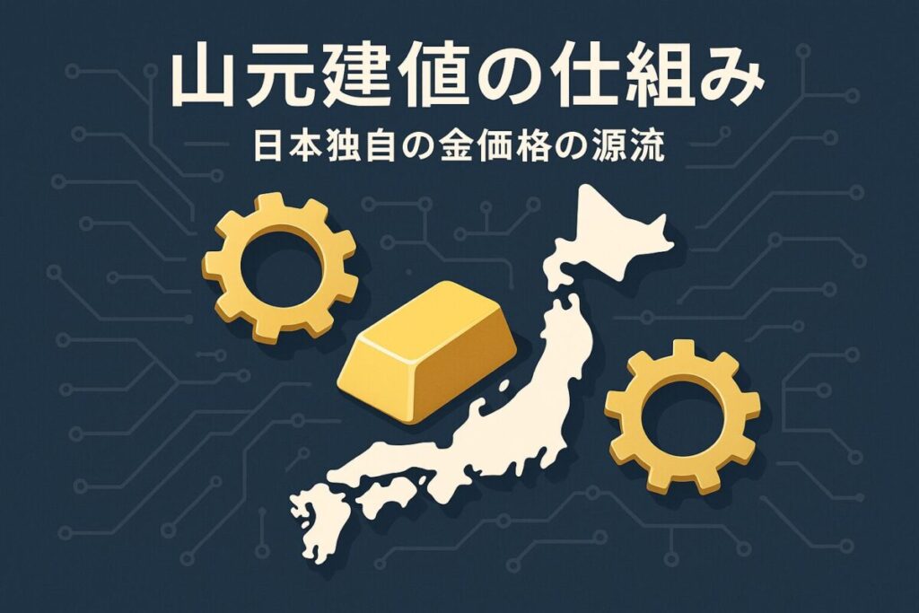 日本地図と金のインゴット、歯車が描かれたアイコン。この記事のテーマである「金 価格 山元 建値」の日本独自の仕組みを象徴する一枚。