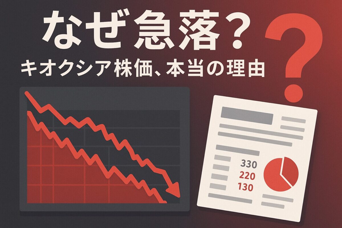 急降下する株価チャートと疑問符、決算書をイメージさせるインフォグラフィック。この記事のテーマである「キオクシア 株価 下落 理由」を問いかけ、原因究明を促す一枚。