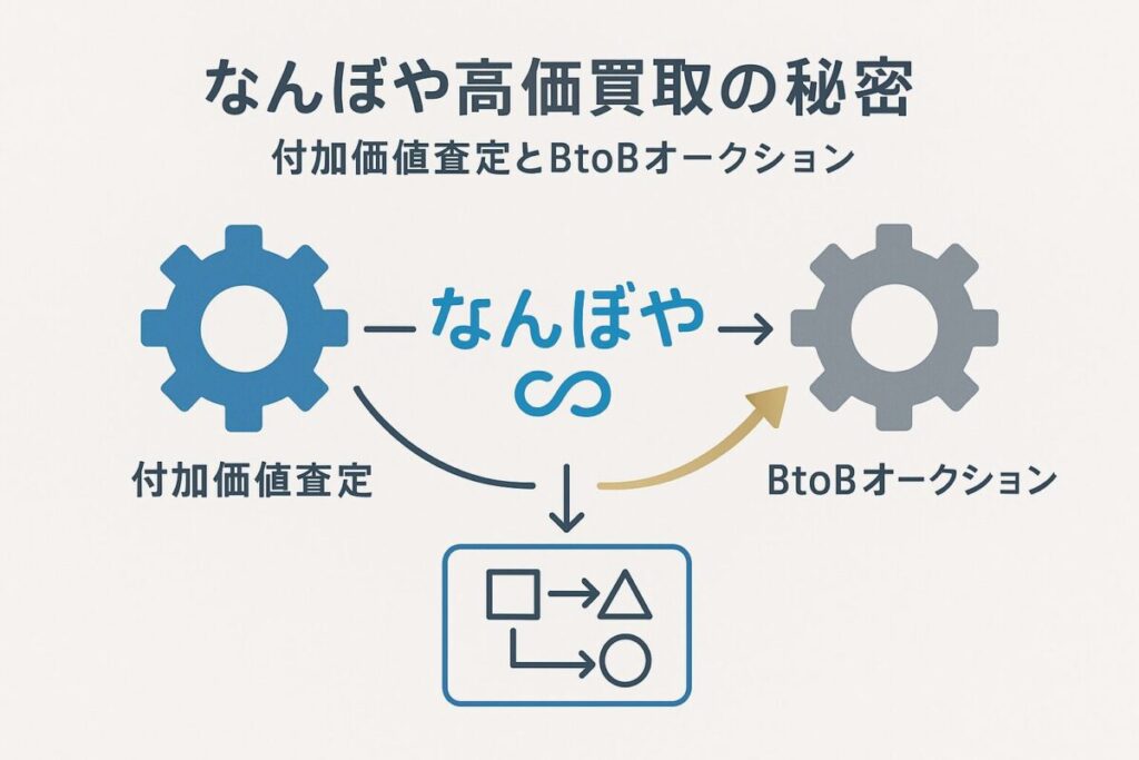歯車とフローチャートでなんぼやの「付加価値査定」と「BtoBオークション」の仕組みを表現した図解。この記事のテーマである「なんぼや 金 相場 手数料」の透明性と高価買取の理由を象徴する一枚。